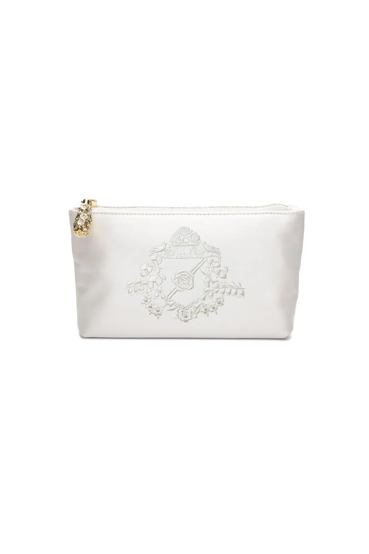 The Bella Rosa Collection Hayden Ivory Satin Zipper Pouch with Bridal Crest Monogram Embroidery featuring an embossed floral design and a gold-tone zipper pull.
