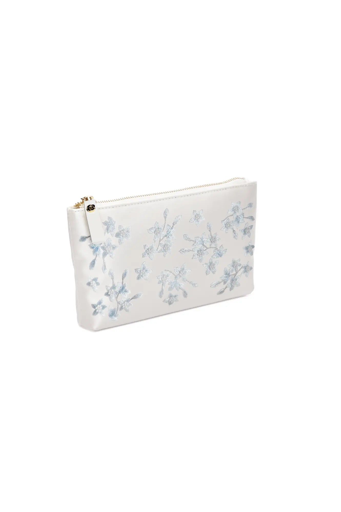 The Bella Rosa Collection Mia Acrylic Clutch with Ivory Pouch Blue Flowers featuring a zipper closure.