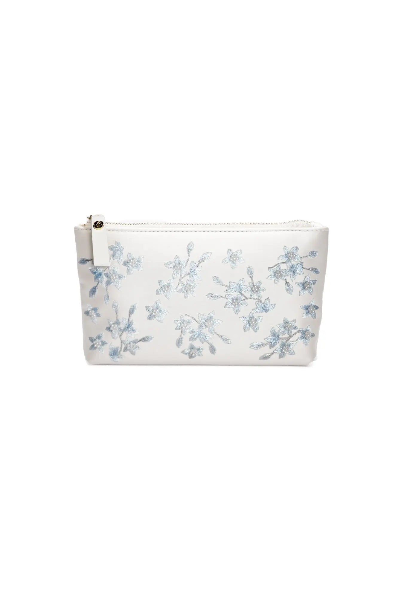 Mia Acrylic Clutch with Ivory Pouch Blue Flowers from The Bella Rosa Collection with a zipper closure.