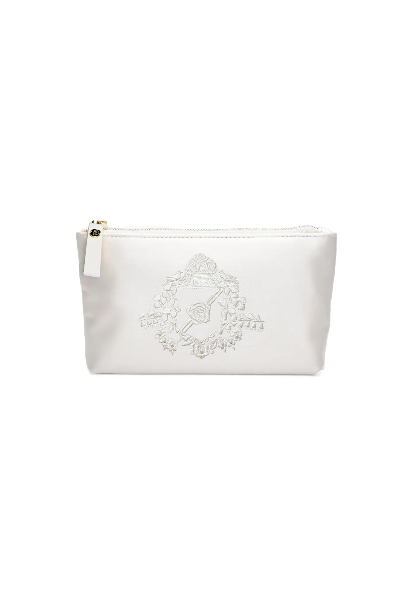 The Bella Rosa Collection Mia Clutch features clear acrylic with an embroidered bridal crest and an ivory satin zipper pouch, shown on a plain white background. Customization options are available.