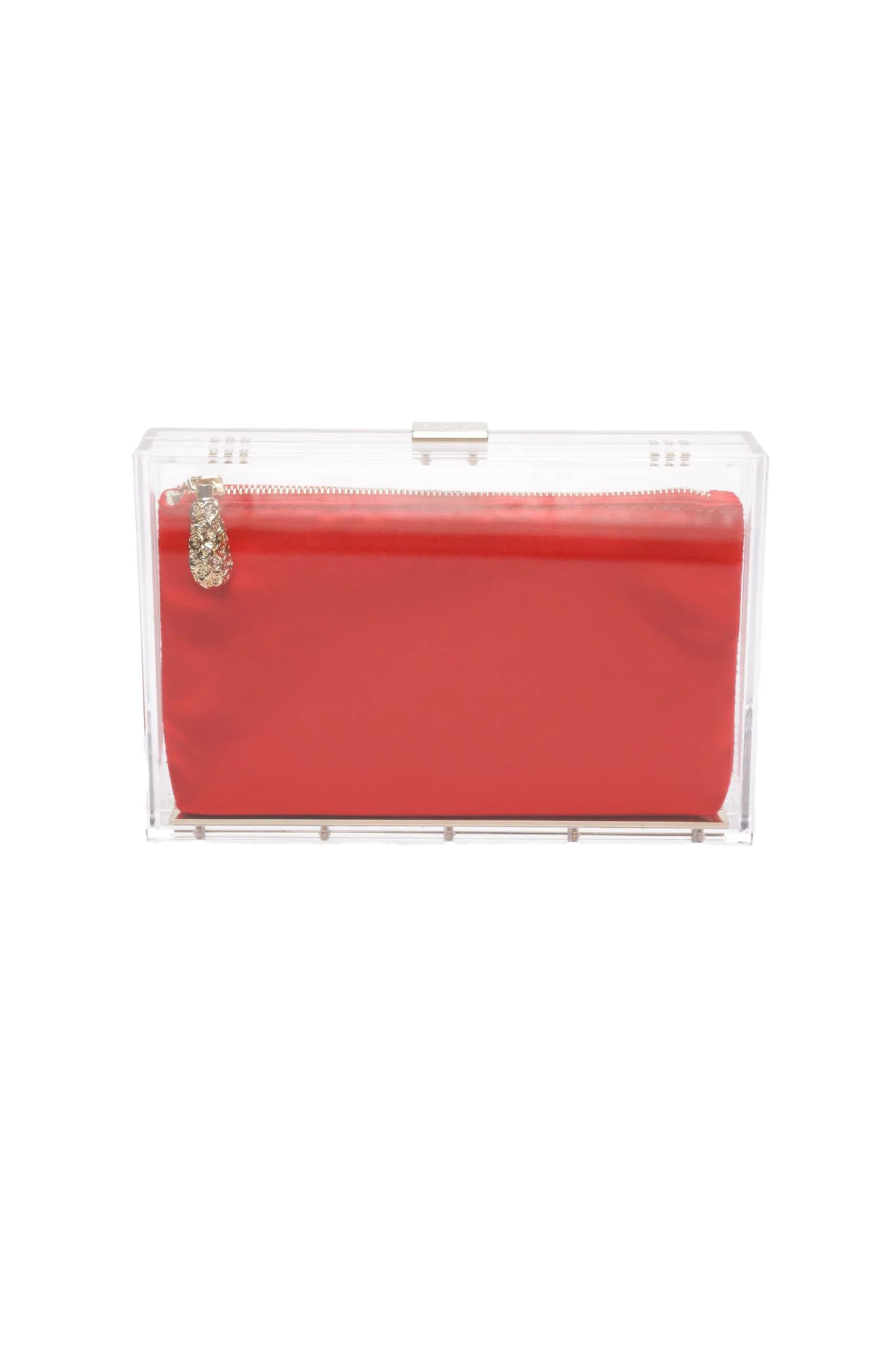 The Bella Rosa Collection's Mia Clutch, crafted from clear acrylic, includes a red satin zipper pouch and a gold zipper pull. Available in the sample sale.