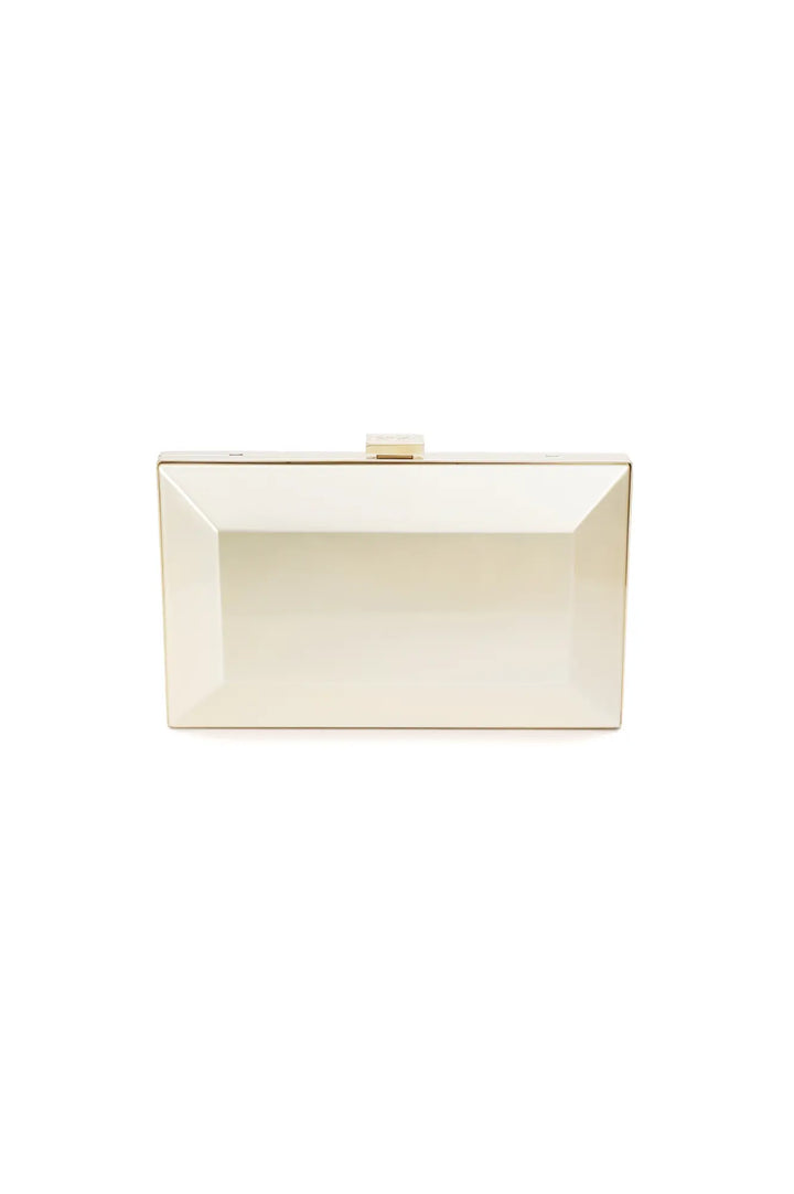 A Milan Clutch x MICAELA in Champagne Shimmer, crafted by Italian artisans, featuring a white rectangular design with a gold clasp from The Bella Rosa Collection.
