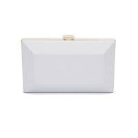 White Metallic Milan Clutch x MICAELA - Pearl White with a custom engraved sentiment plaque, on a white background from The Bella Rosa Collection.