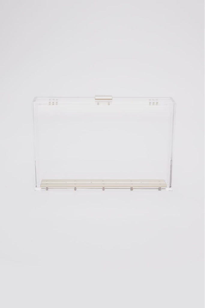 360 view of the clear acrylic Mia clutch.