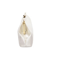 Italian Duchess Satin Rosa Clutch from The Bella Rosa Collection with gold zipper detail on a white background.