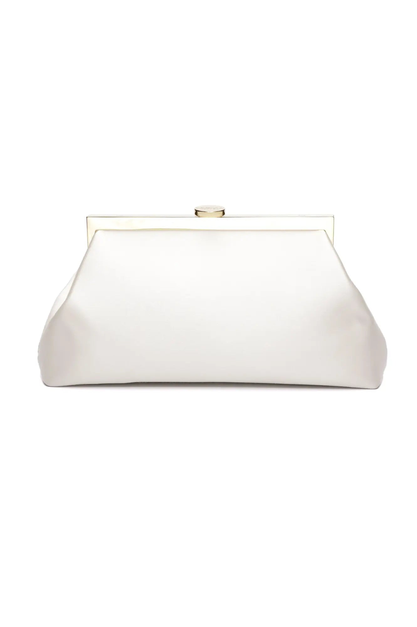 Bridal handbag: The Bella Rosa Collection&#39;s Rosa Clutch - Ivory in Italian Duchess Satin with a metallic clasp on a white background.