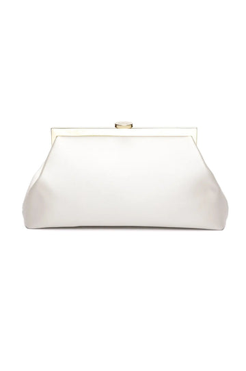 Bridal handbag: The Bella Rosa Collection's Rosa Clutch - Ivory in Italian Duchess Satin with a metallic clasp on a white background.