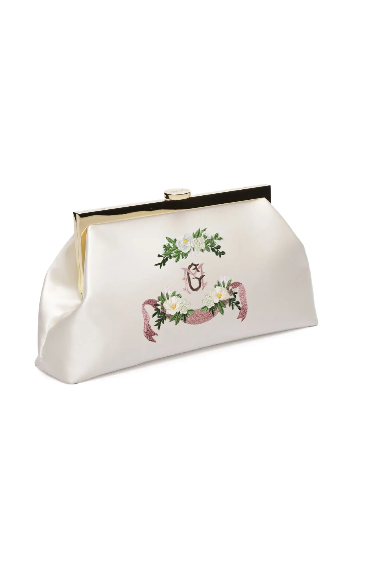 Elegant white Rosa Clutch Monogram Embroidery from The Bella Rosa Collection with floral embroidery and a gold clasp.
