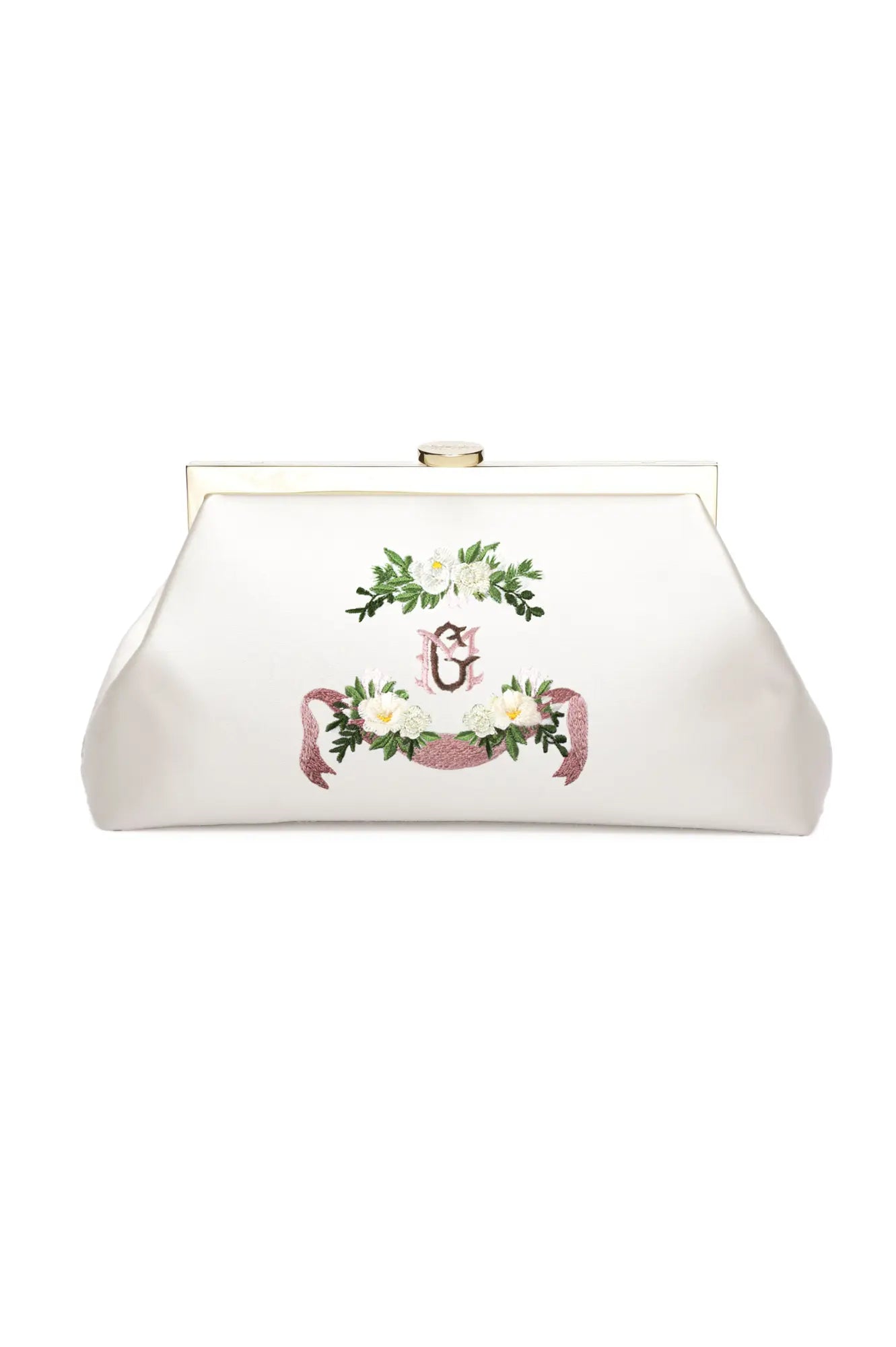 The Bella Rosa Collection&#39;s Rosa Clutch Monogram Embroidery with floral embroidery and clasp closure, personalized wedding accessory.