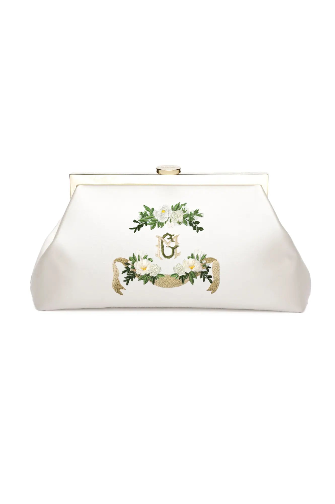 The Bella Rosa Collection Rosa Clutch Monogram Embroidery with green and gold floral embroidery, a personalized wedding accessory.