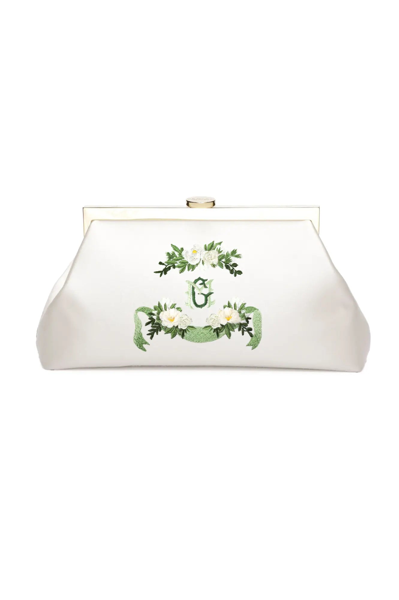An elegant white The Bella Rosa Collection Rosa Clutch Monogram Embroidery with a floral embroidery design and a gold-tone clasp closure, perfect as a personalized wedding accessory.