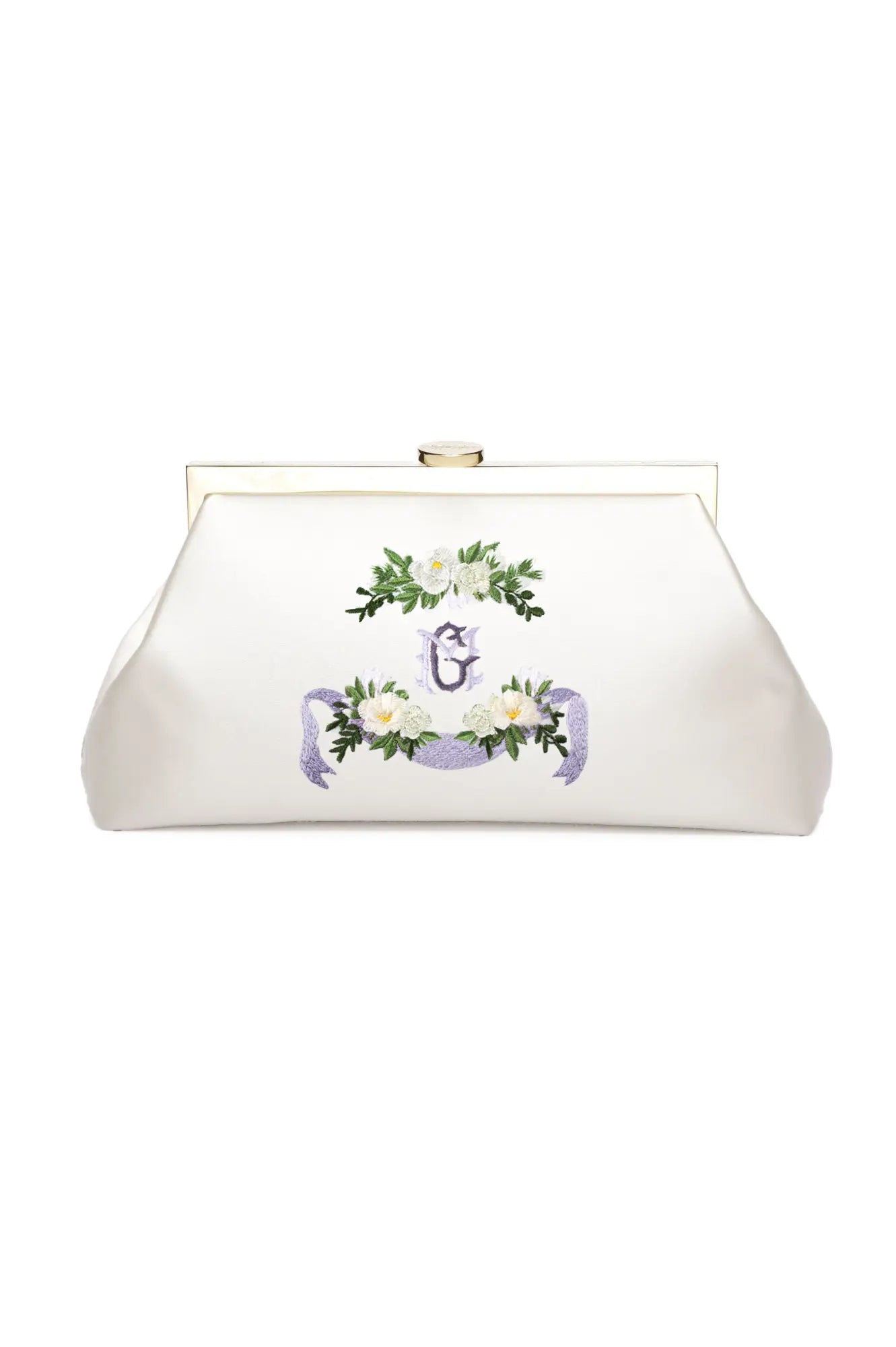 The Bella Rosa Collection Rosa Clutch Monogram Embroidery with floral embroidery and gold clasp.