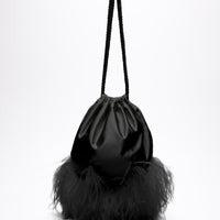 Sarah Drawstring Purse in Black Satin with Feather Bottom