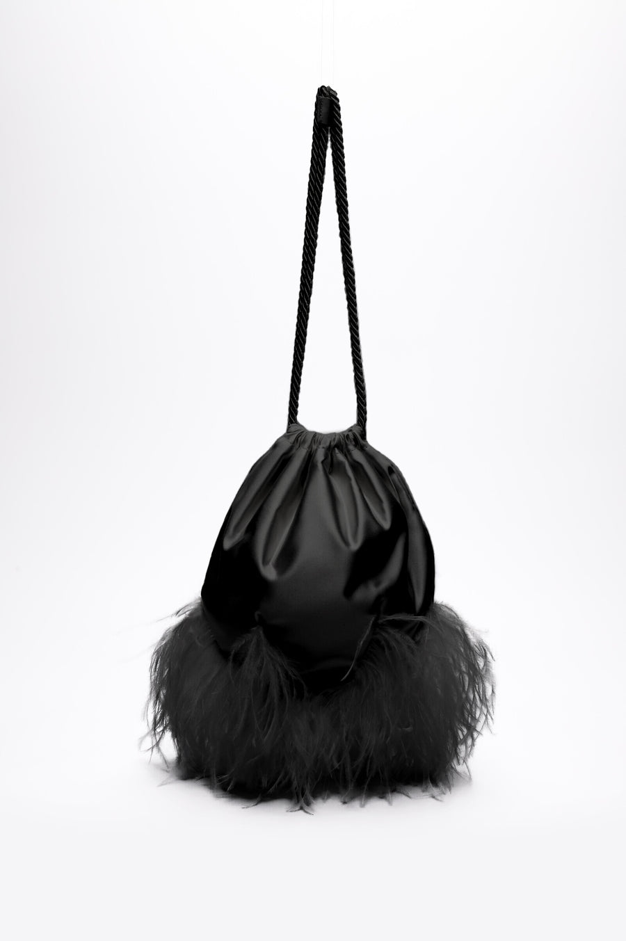 Sarah Drawstring Purse in Black Satin with Feather Bottom