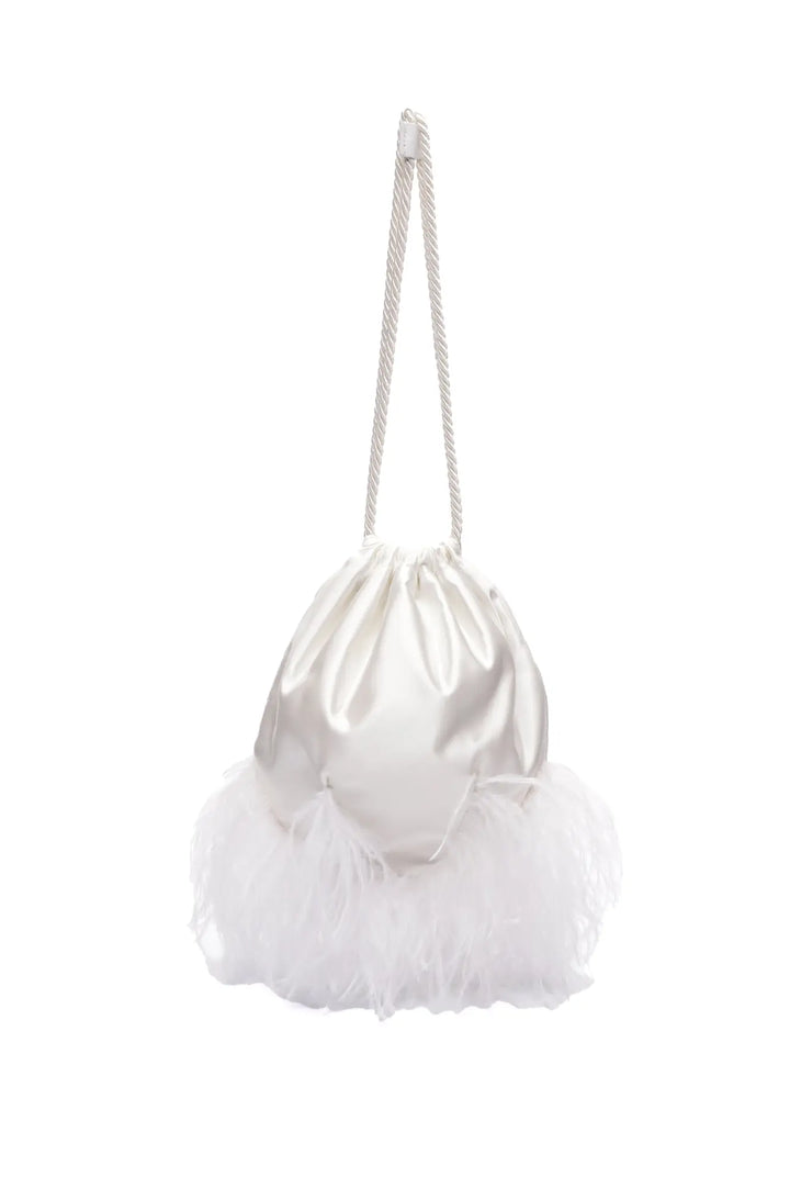 A white Bella Rosa Collection Sarah Drawstring Purse with a fringe of ostrich feathers at the bottom.