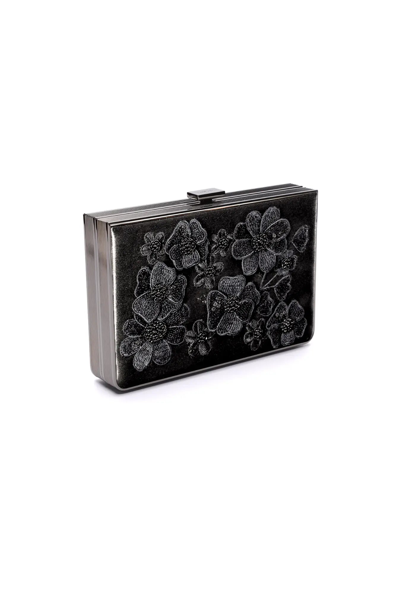 Black Venezia evening clutch with 3D floral embroidery on a white background.
Product Name: MICAELA - Black Satin Floral Embroidery Clutch from The Bella Rosa Collection.