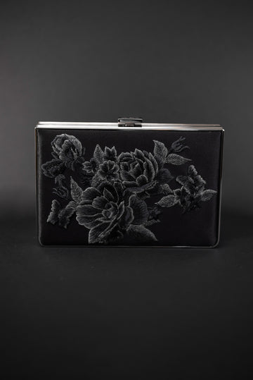 A Venezia Clutch x MICAELA - Black Satin Floral Embroidery, perfect for Evening Attire, from The Bella Rosa Collection.