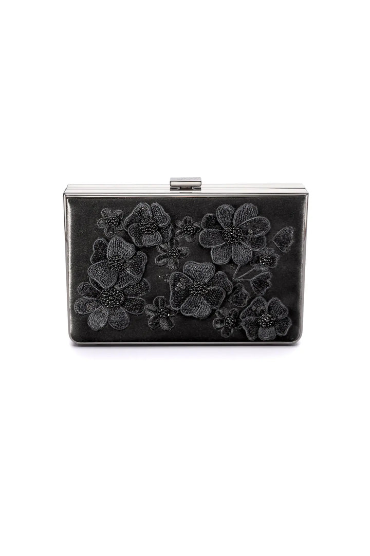 Black Venezia satin clutch purse with floral embroidery design, isolated on a white background from The Bella Rosa Collection.