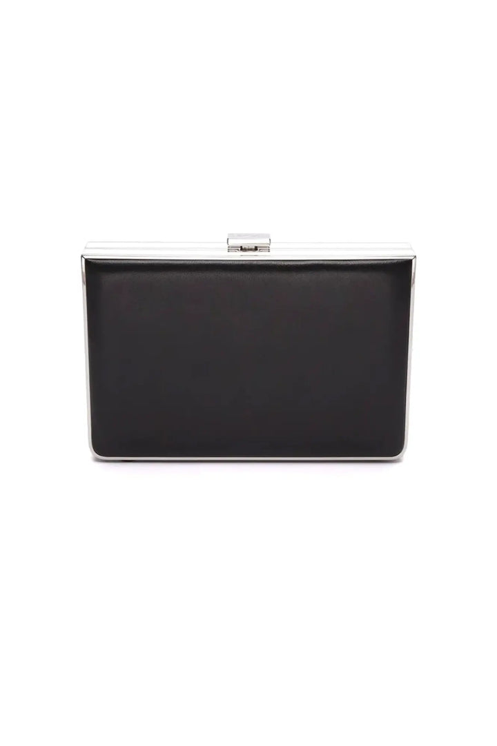 Venezia Clutch x MICAELA - Black Satin from The Bella Rosa Collection with a silver clasp against a white background, from our personalized accessories capsule collection.