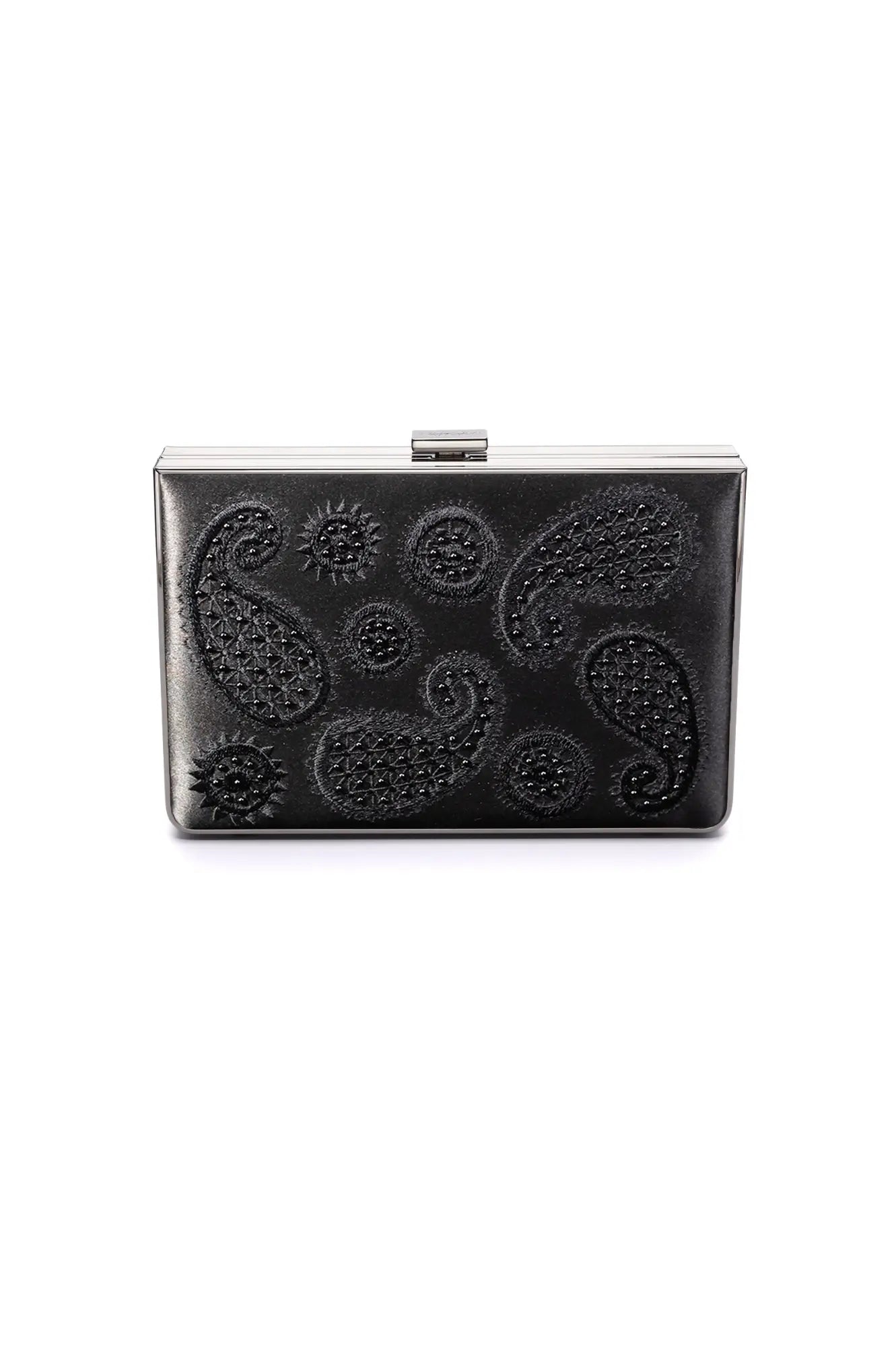 Black embellished Venezia Clutch x MICAELA with 3D embroidery isolated on a white background from The Bella Rosa Collection.