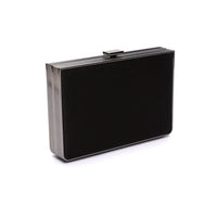 Black rectangular Venezia satin clutch purse with a striped design on a white background.
revised: Black rectangular The Bella Rosa Collection Venezia Clutch x MICAELA - Black Satin purse with a striped design on a white background.