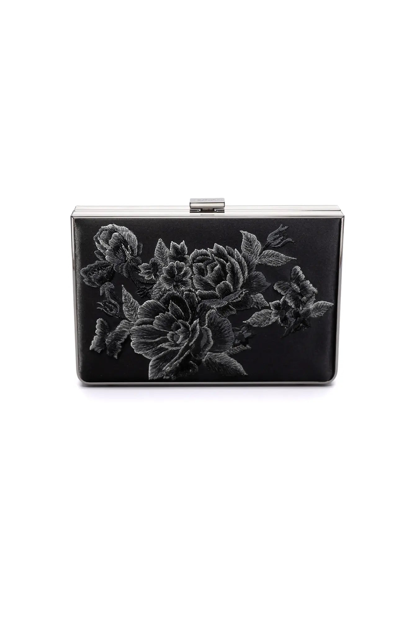 The Bella Rosa Collection&#39;s Venezia Clutch x MICAELA - Black Satin Floral Embroidery with floral embroidery design on a white background.