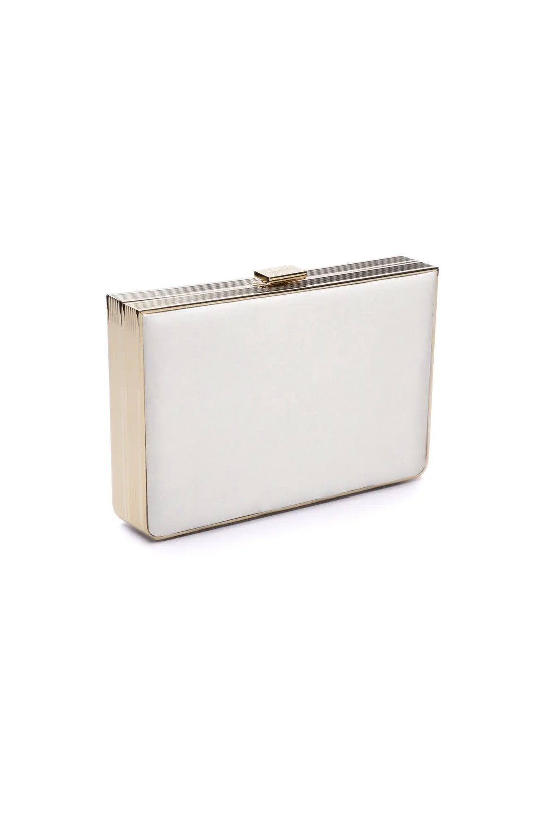 Venezia Clutch x MICAELA - Ivory Satin clutch purse with metallic clasp and ribbed detailing on a white background by The Bella Rosa Collection.