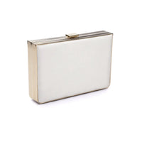 Venezia Clutch x MICAELA - Ivory Satin clutch purse with metallic clasp and ribbed detailing on a white background by The Bella Rosa Collection.