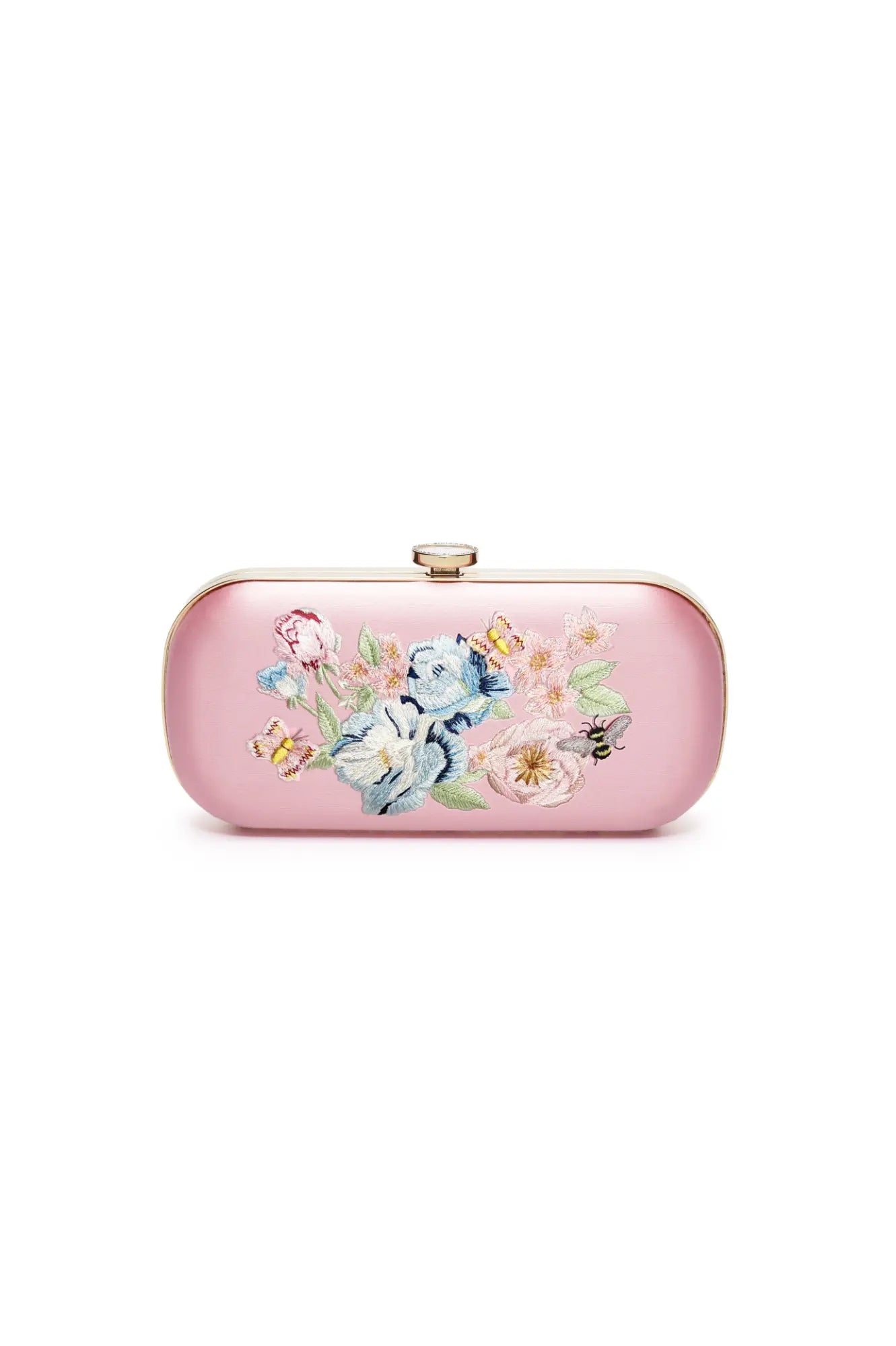 A Bella Rosa Collection Bella Clutch Pink Floral Embroidery Petite purse, made from Italian Duchess Satin.