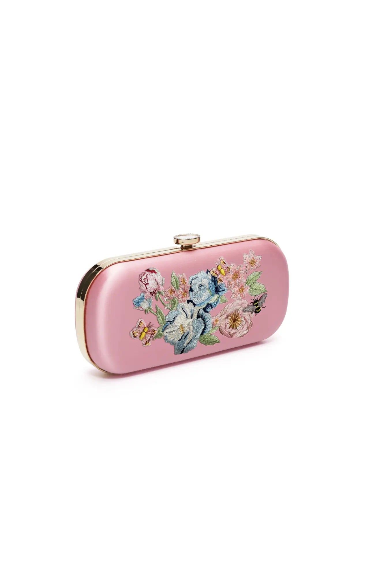 Personalized keepsake Bella Clutch Pink Floral Embroidery Petite from The Bella Rosa Collection, made from Italian Duchess Satin.