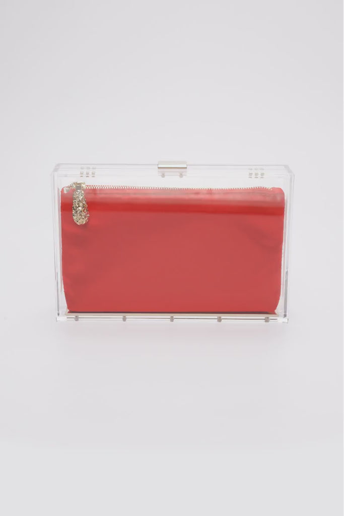 360 view of Mia Clutch a clear acrylic rectangle clutch with red satin interior pouch.