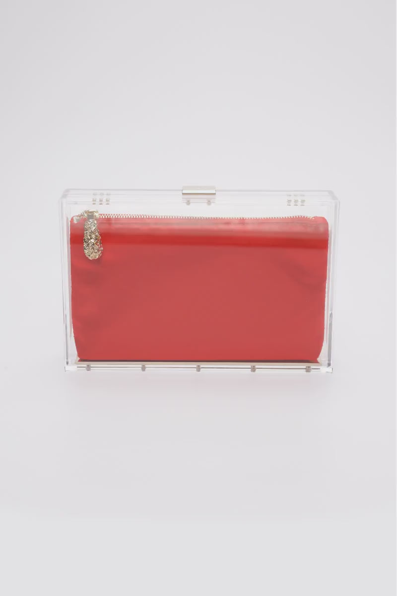 360 view of Mia Clutch a clear acrylic rectangle clutch with red satin interior pouch.