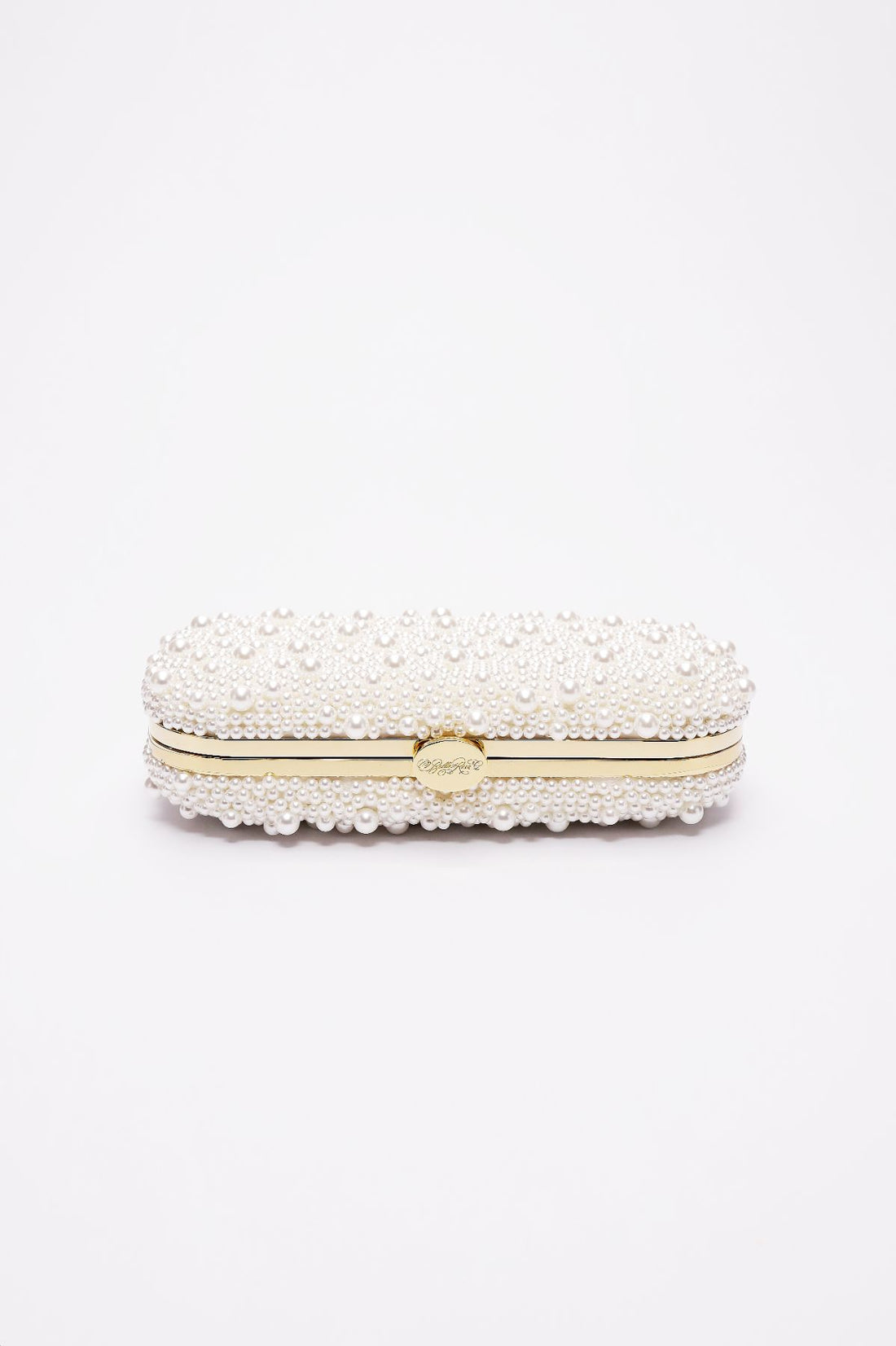 Top closed view of True Love Pearl Bella Clutch satin with gold hardware frame.