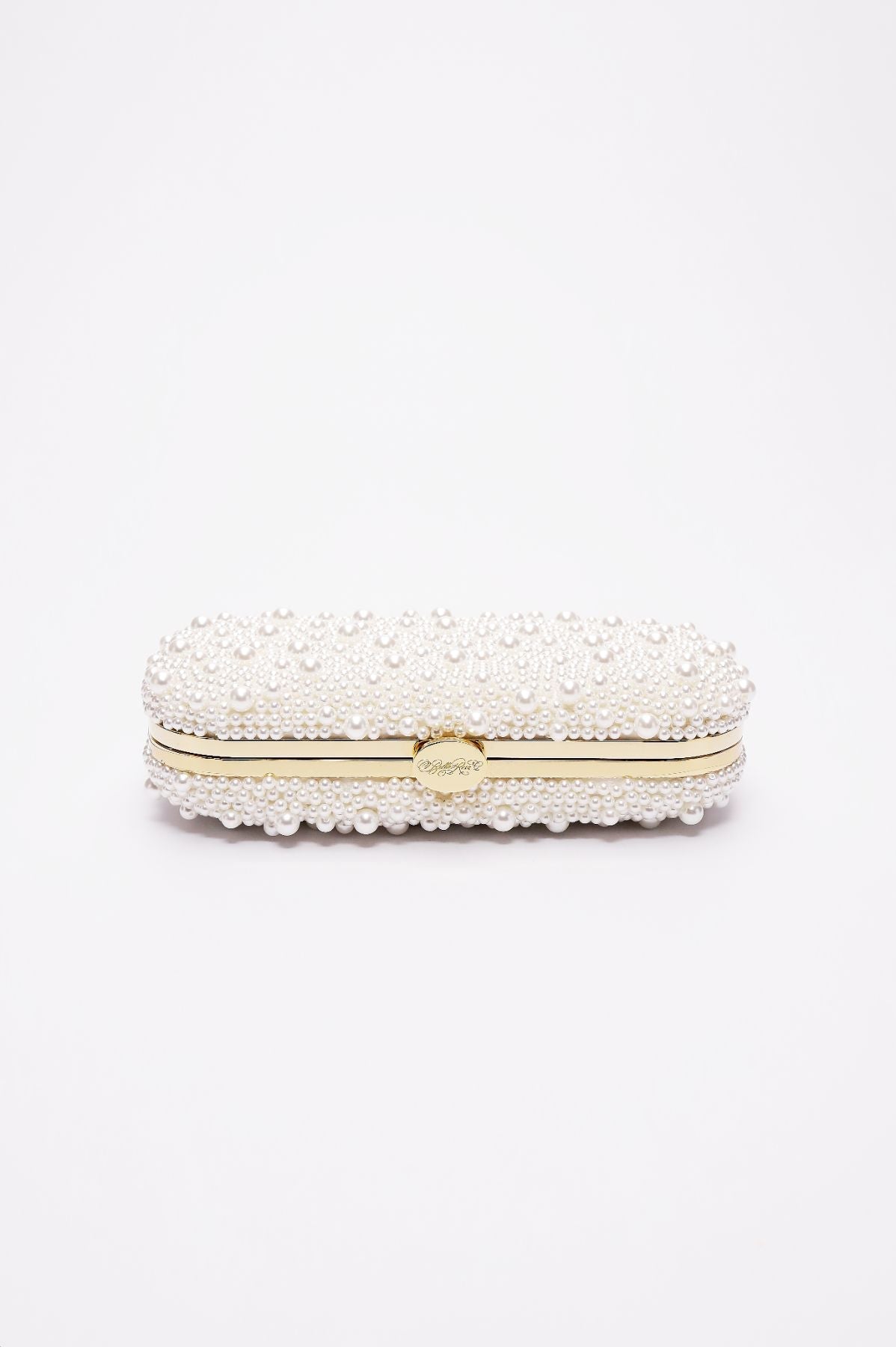 Bella Rosa Collection&#39;s True Love Pearl Petite clutch bag with a gold clasp against a plain background.