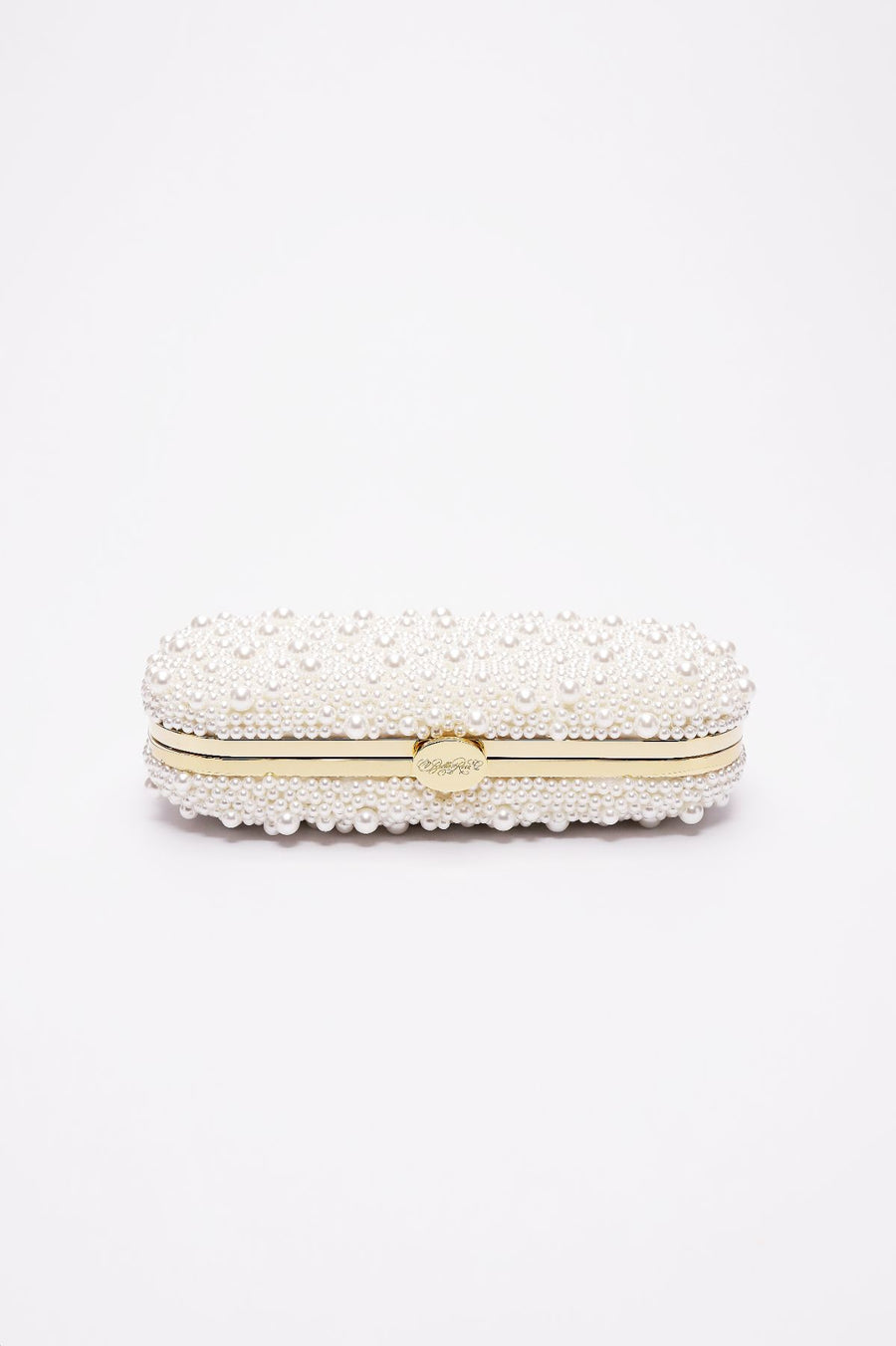 Top closed view of True Love Pearl Bella Clutch satin with gold hardware frame.