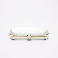 Top closed view of Bella Clutch in Sage Green satin with silver hardware frame.