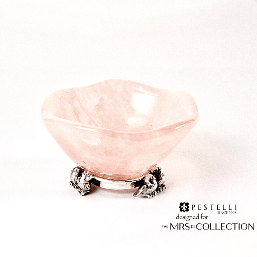 Hand Carved Quartz Ring DishRose quartz engagement ring dish with silver love bird feet. Hand-carved quartz made in Italy for the perfect luxury bride gift.