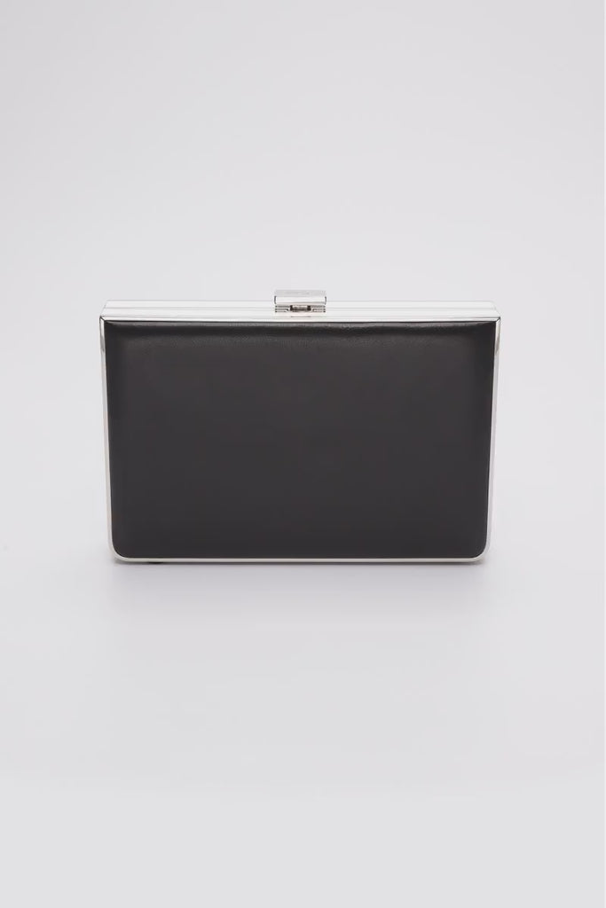 360 view of Venezia clutch with silver rectangle frame and a black leather side.