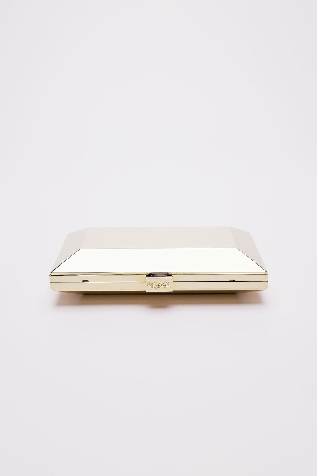 Top closed view of Milan geometric clutch in gold.