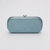 360 view of Shimmer Bella Clutch in Ocean Blue with silver clasp.
