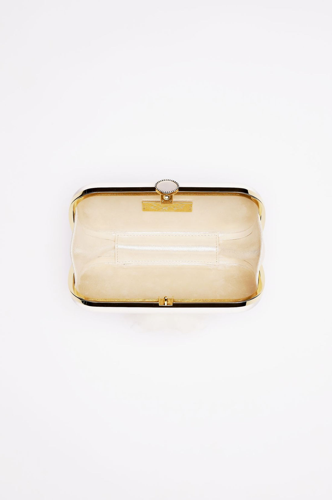 Top open view view of Ivory Bella Fiori Clutch with  Ivory organza flower with a micro pearl center and gold frame.