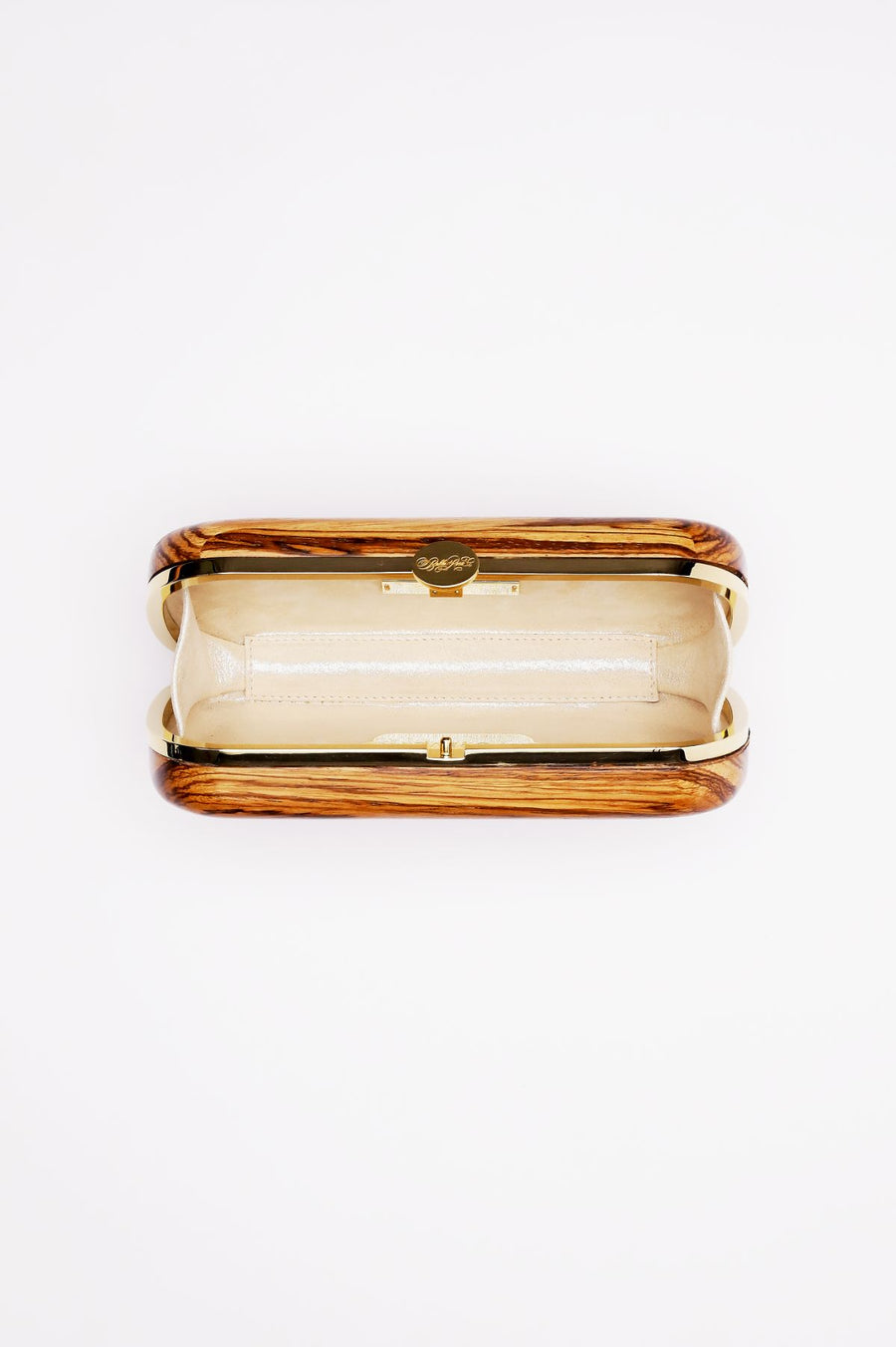 An open, empty The Bella Rosa Collection Bella Clutch African Zebra Wood Petite purse made of sustainably sourced African Zebra Wood with a fabric interior on a white background.