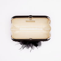 Top open view of Bella Fiori Clutch in black satin with black flower adored on front side.