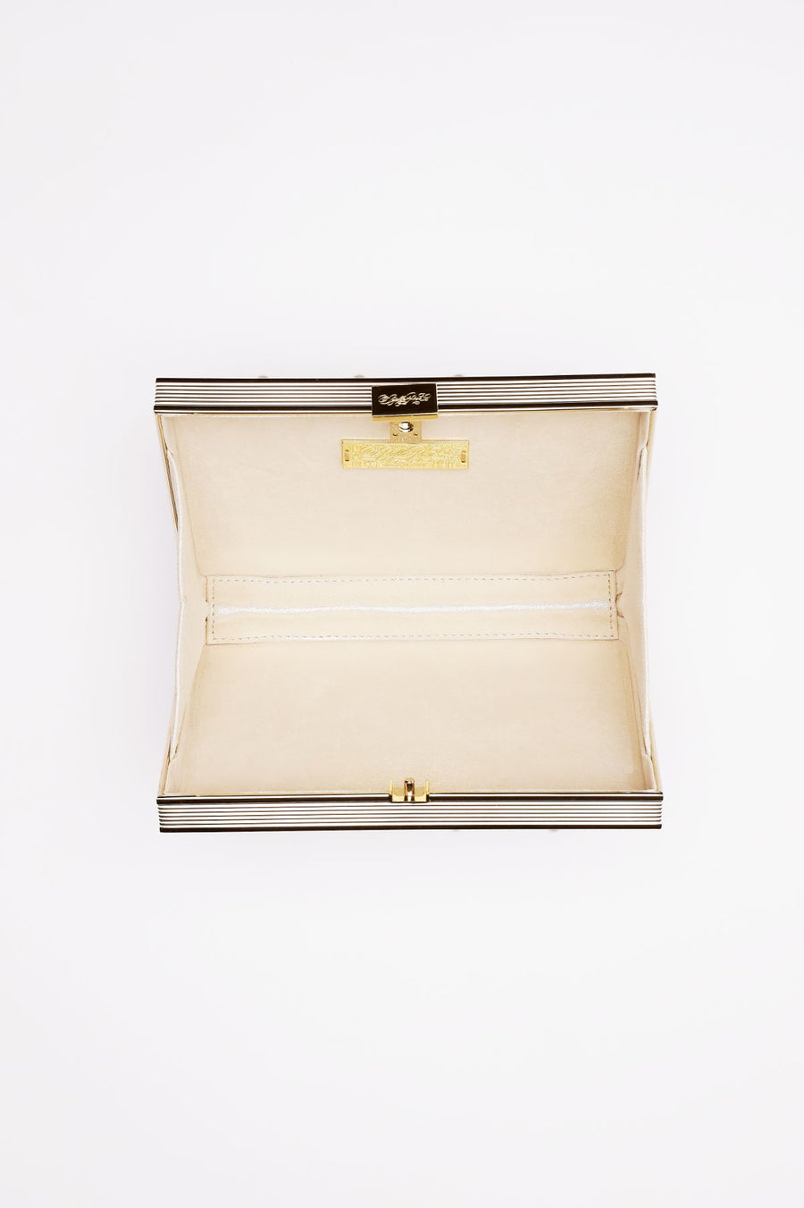 A beige and gold Venezia Bridal Pearl with Crystals Clutch x MICAELA on a white surface from The Bella Rosa Collection.