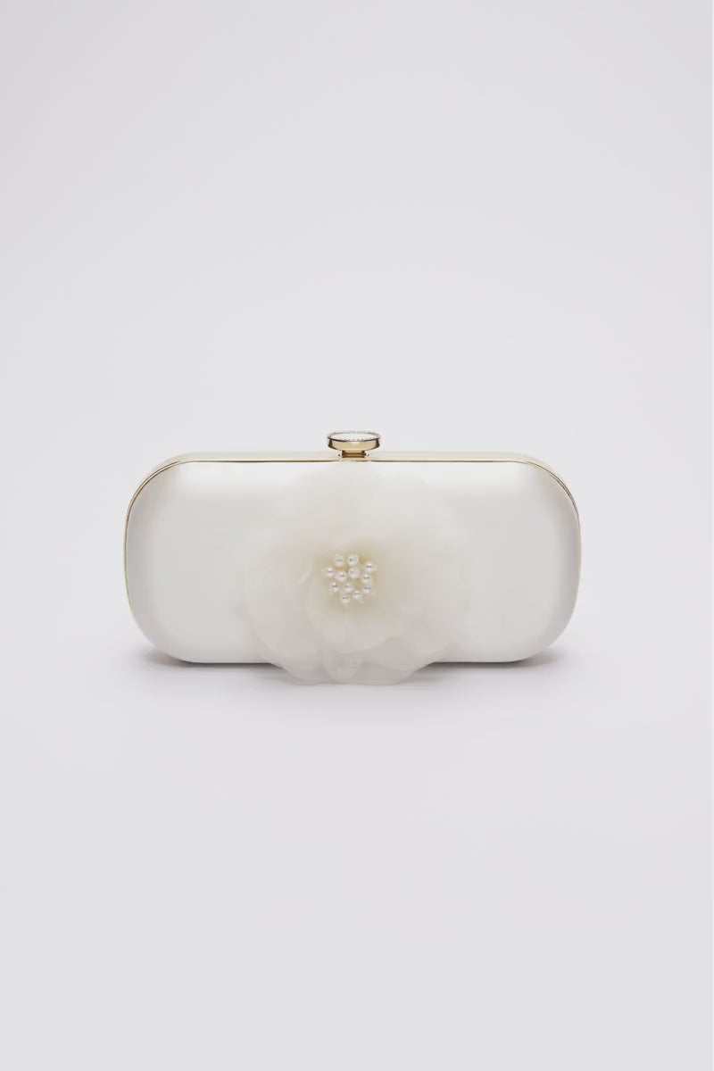 360 view of Ivory Bella Fiori Clutch with  Ivory organza flower with a micro pearl center and gold frame.