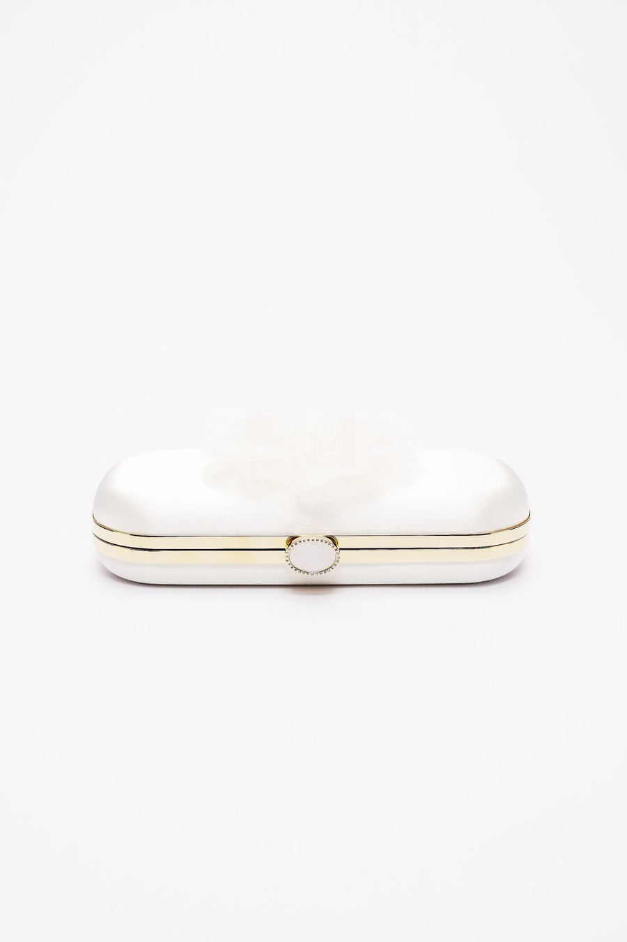 Top closed view of Ivory Bella Fiori Clutch with  Ivory organza flower with a micro pearl center and gold frame.