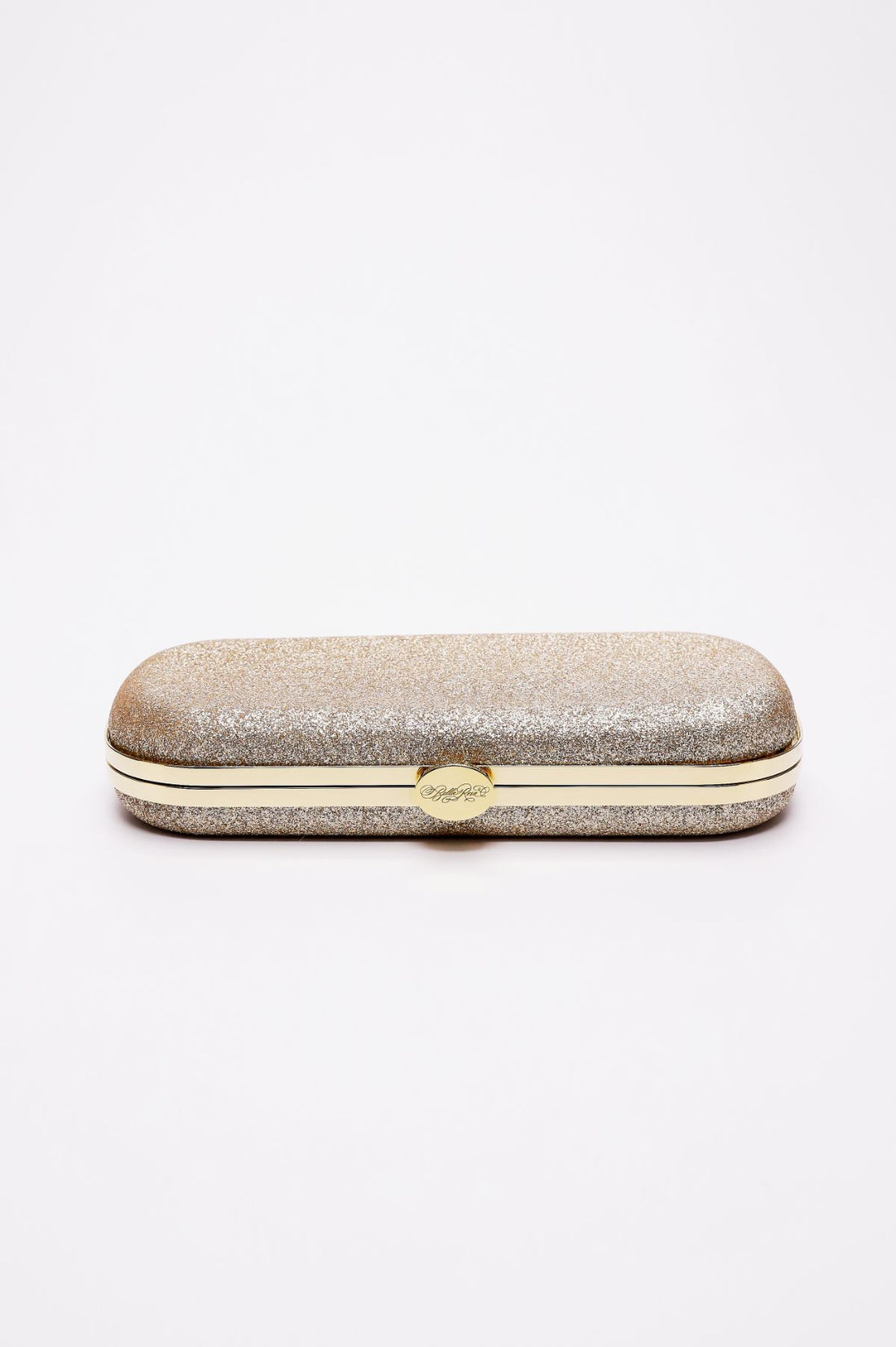 Top closed view of Bella Clutch in Champagne shimmer with gold hardware frame.
