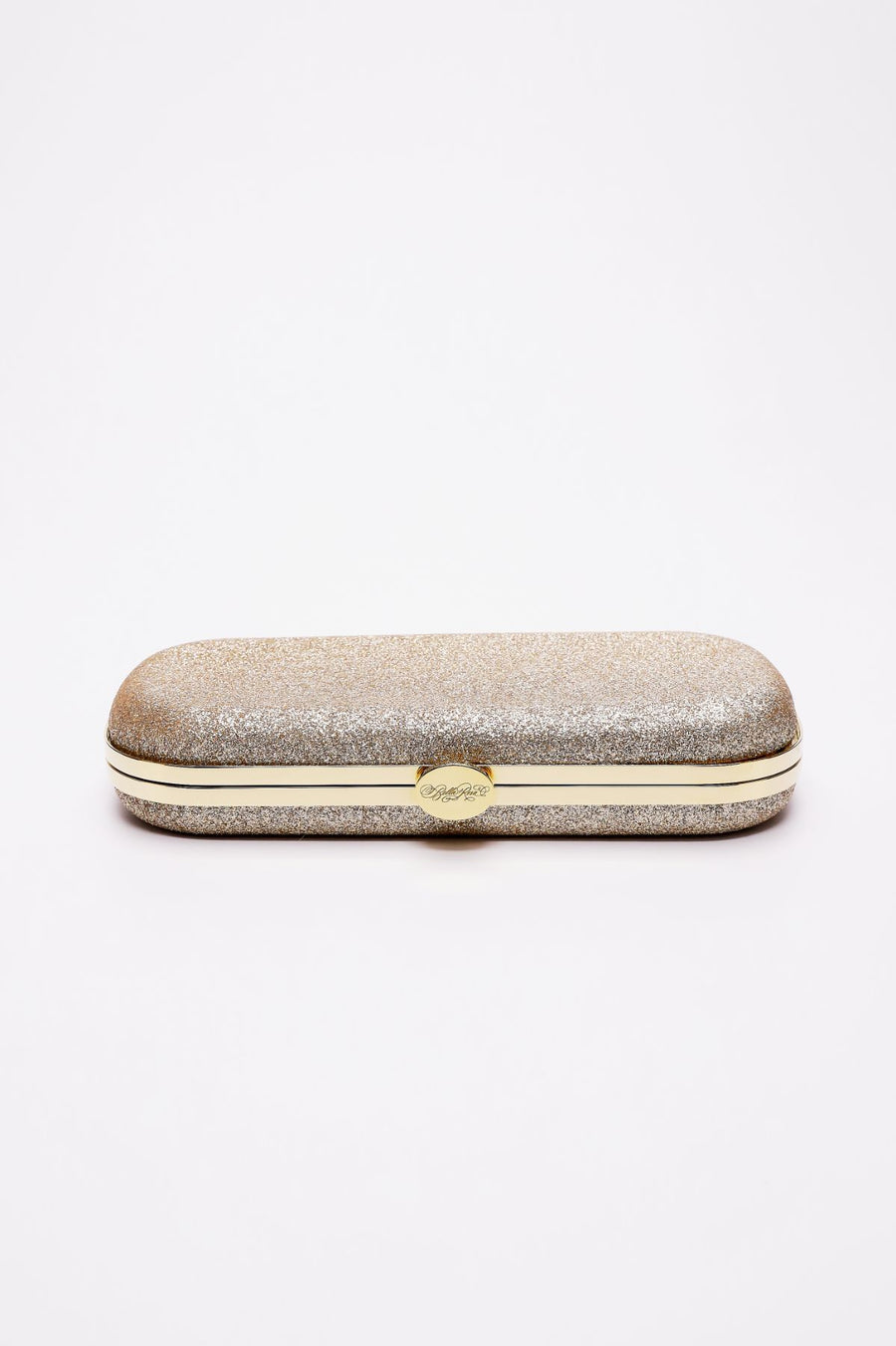 Top closed view of Bella Clutch in Champagne shimmer with gold hardware frame.
