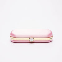 Top closed view of Bella Clutch in Pink Sky satin with silver hardware frame.