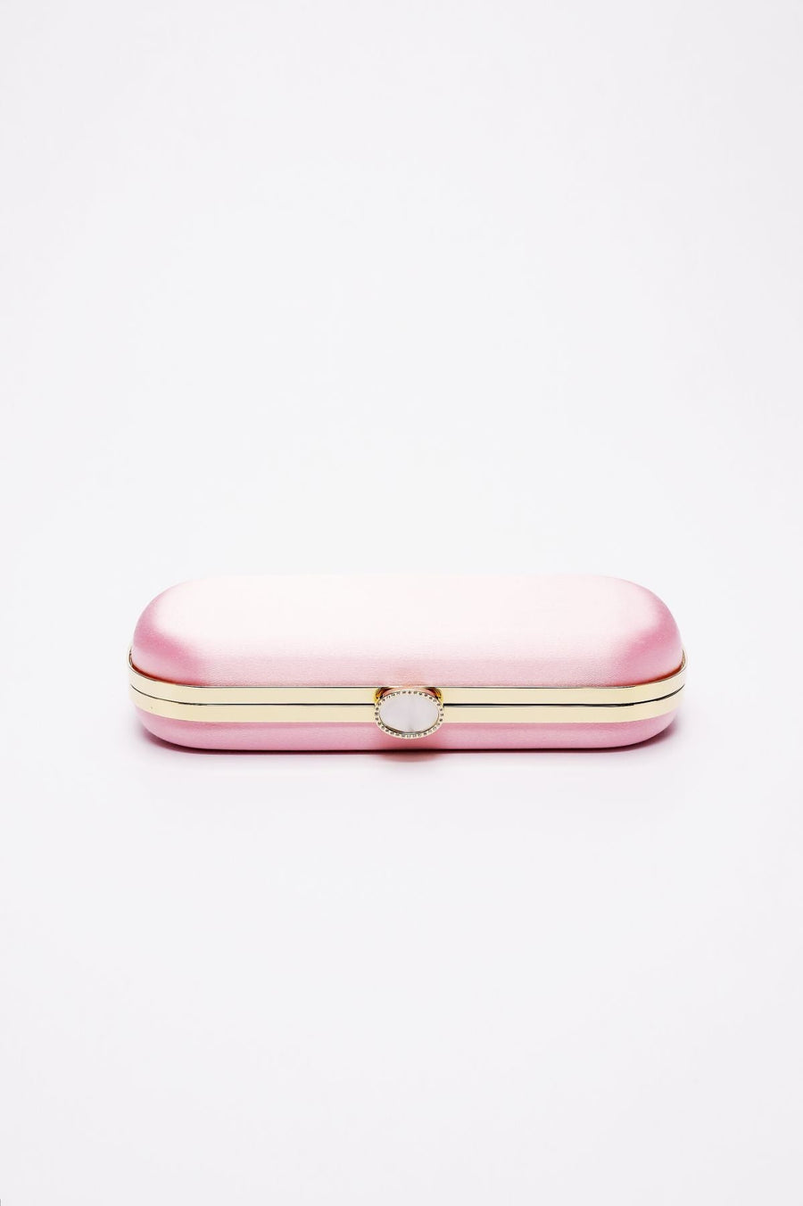 Top closed view of Bella Clutch in Pink Sky satin with silver hardware frame.